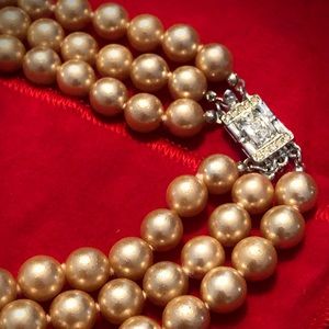 Vintage Signed Kenneth Jay Lane 3 Strand Champagne Pearls Rhinestones Necklace